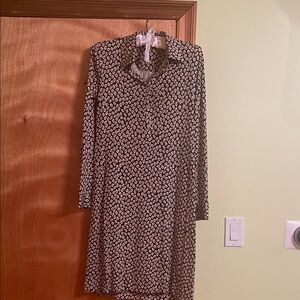 Diane Von Furstenberg Black and Cream Printed Long Sleeve Dress